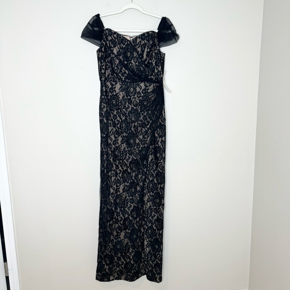 NWT Aidan Mattox  Black Nude Lace Off-The-Shoulder Gown Size 8 - Picture 2 of 7